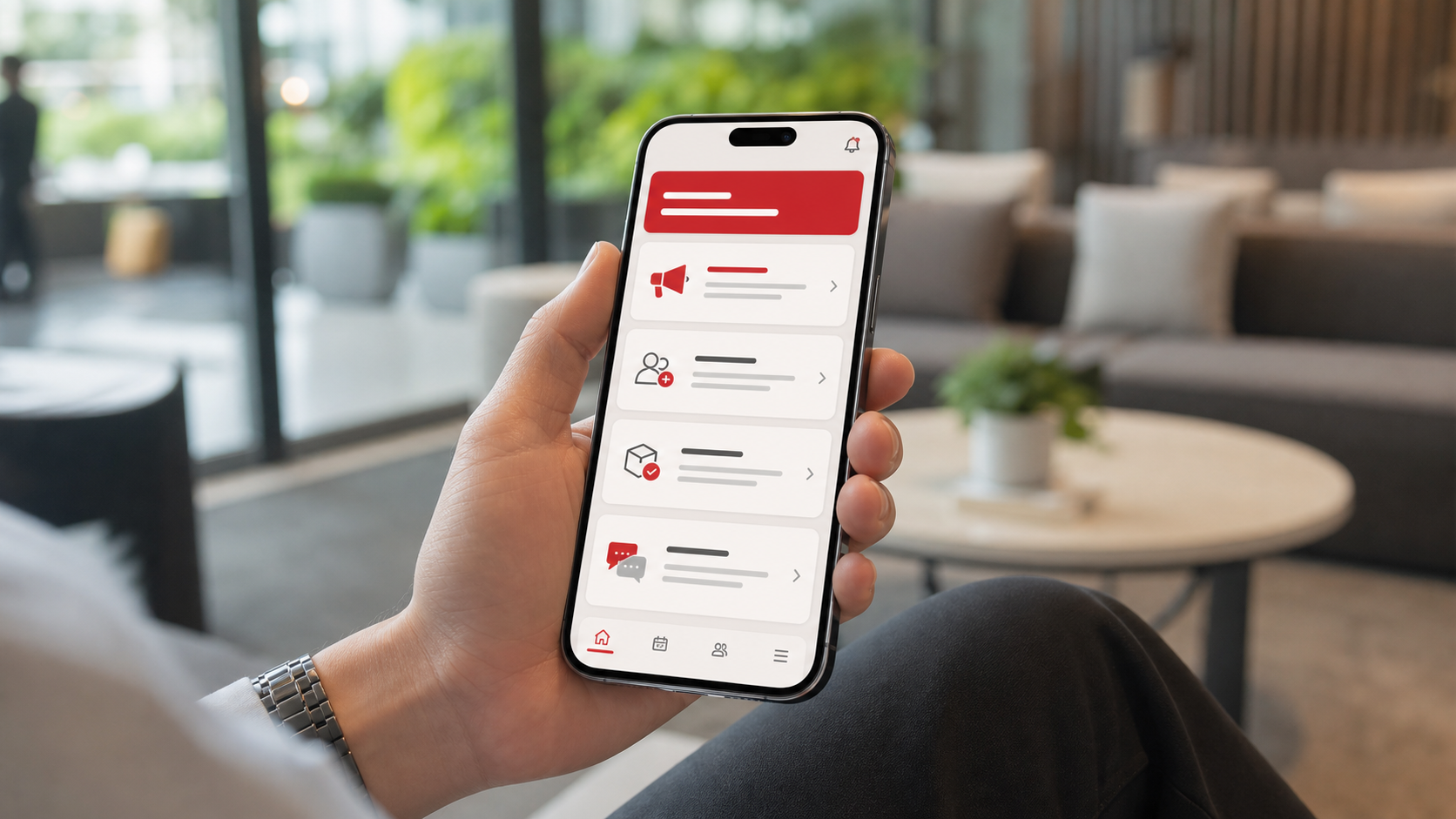 Resident mobile app mockup showing notices, visitor invite, parcels, and chat